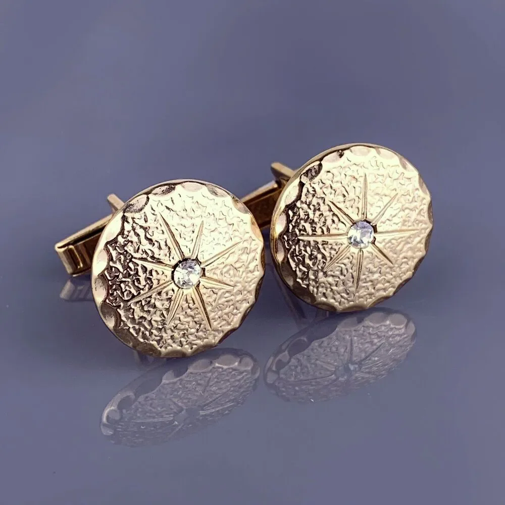 Round White Rhinestone Gold Tone Cufflinks Textured Mid Century Simple Vintage